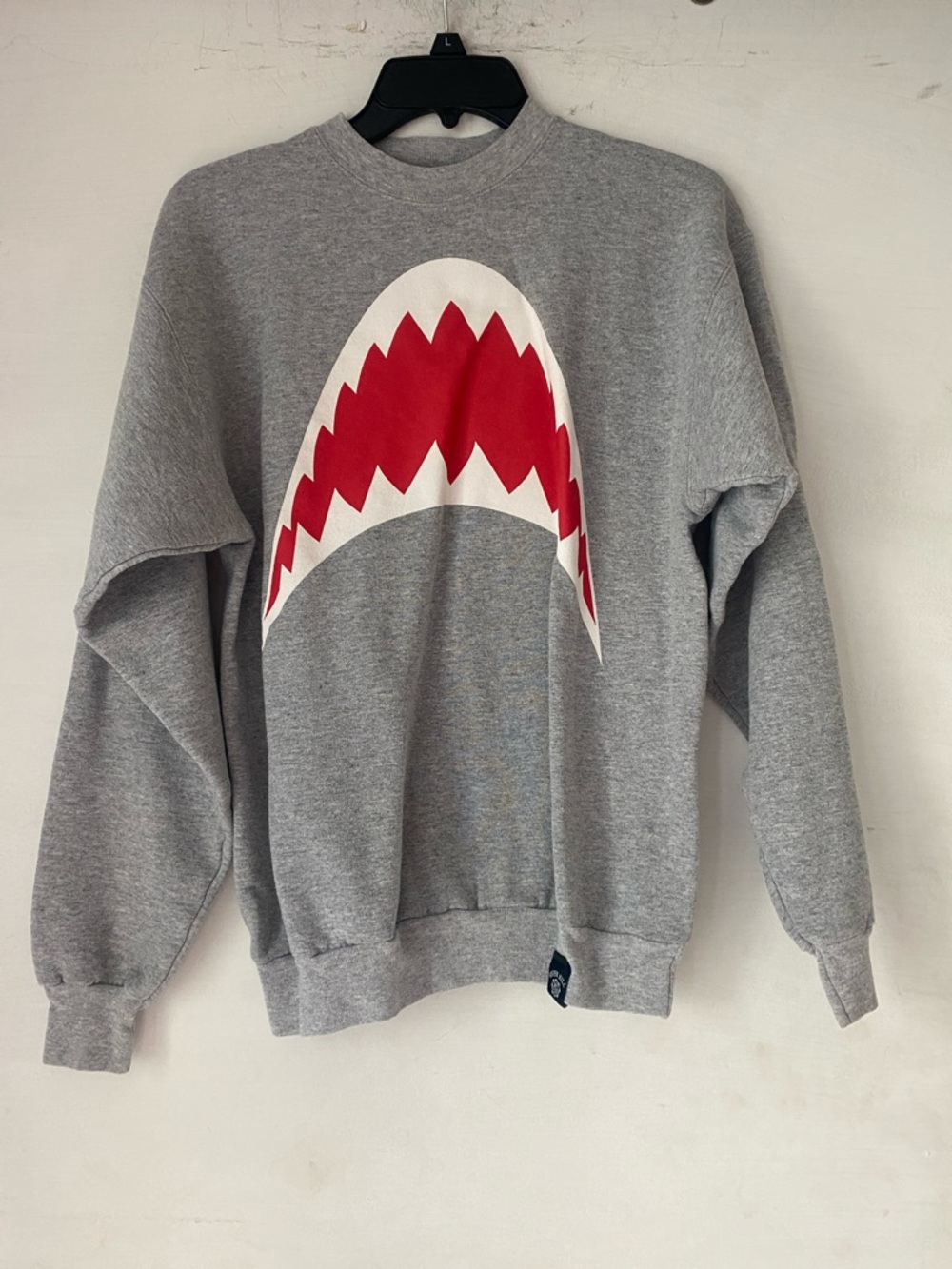 Green Hill Grey Crewneck Sweatshirt with Red & White Shark Graphic